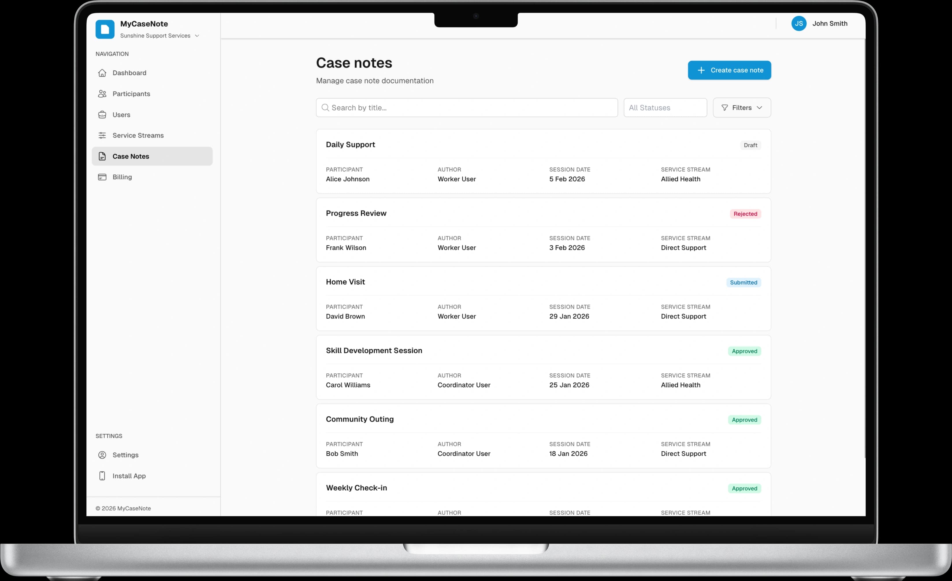 MyCaseNote dashboard showing case notes list on MacBook